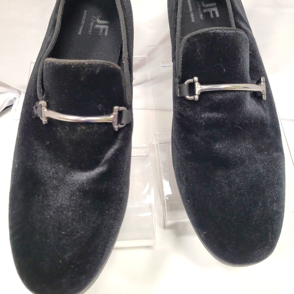 J Ferrer Black Velvet Loafers with Silver Buckle